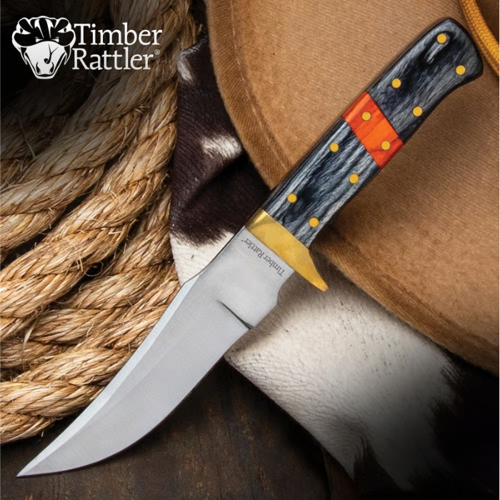 Timber Rattler Saddlebag Skinner Fixed Blade Knife, Stainless Blade, Bone Black/Orange, Leather Sheath, TR108